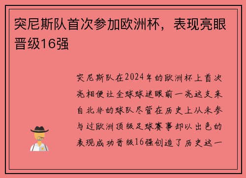 突尼斯队首次参加欧洲杯，表现亮眼晋级16强